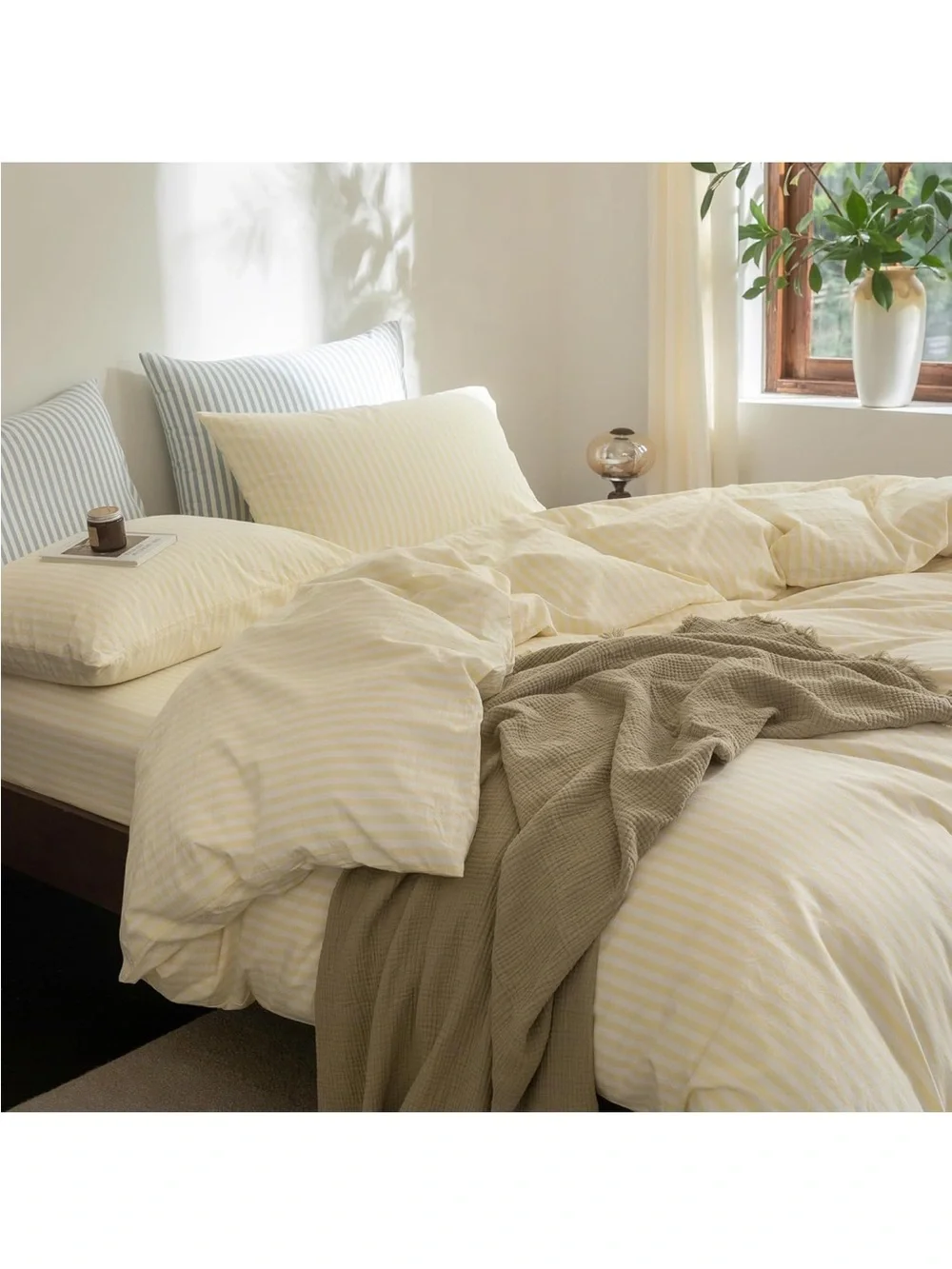 NEW FOSSA 100% Washed Cotton Striped Duvet Cover Set. Linen-Like. Pale Yellow